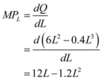 The production function is given as:   Where   is output or total product and   is labor input. (a) The marginal product is the first derivative of total product.   Thus the marginal product of labor is   (b) Average product is total product divided by labor input.   Thus the average product of labor is   (c) The amount of labor at which the marginal product of labor is zero signifies maximum level of output production.     Thus the value of L that maximizes Q is 10 units. (d) The amount of labor at which the first derivative of marginal product function is zero signifies its maximum value.   Thus the value of L at which marginal product function takes on its maximum value is 5 units (e) The amount of labor at which the first derivative of average product function is zero signifies its maximum value.   Thus the value of L at which marginal product function takes on its maximum value is 7.5 units