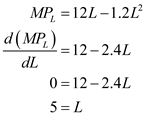 The production function is given as:   Where   is output or total product and   is labor input. (a) The marginal product is the first derivative of total product.   Thus the marginal product of labor is   (b) Average product is total product divided by labor input.   Thus the average product of labor is   (c) The amount of labor at which the marginal product of labor is zero signifies maximum level of output production.     Thus the value of L that maximizes Q is 10 units. (d) The amount of labor at which the first derivative of marginal product function is zero signifies its maximum value.   Thus the value of L at which marginal product function takes on its maximum value is 5 units (e) The amount of labor at which the first derivative of average product function is zero signifies its maximum value.   Thus the value of L at which marginal product function takes on its maximum value is 7.5 units