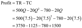 The demand of a good is the quantity necessary of that good by the persons of an economy. The prerequisite turn out to be a demand when individuals are ready and able to pay for the good. Supply of a good is the amount of a good that the manufacturers are ready to sell in a market. Equilibrium price is the price at which demand and supply are equal. Similarly, equilibrium quantity is the quantity of a good exchanged in the market after arbitration. a. The demand function and the cost function is given as: 1. The price and quantity if B well maximize profits is calculated as follows: First, calculate total revenue (TR) by multiplying price and quantity and calculate marginal revenue (MR) as follows: Calculate marginal cost (MC) as follows: Now, using the profit maximizing condition calculate Q as follows: Now substitute the values of Q in the given demand function and solve for P as follows: Hence, if B well maximize profits then the price would be and the quantity would be . 2. In order to find price and quantity when revenue is maximized, first find the average revenue (AR) by dividing the TR by Q as follows: Now, calculate average cost (AC) by dividing TC by Q as follows: Now, using the revenue maximizing condition, the price and quantity is calculated as follows: Substitute the value of Q in the demand function and solve for P as follows: Hence, the revenue maximizing price is and quantity is . 3. In this case, minimum profit is required to be $300, before maximizing revenue. So when P = 350 and Q = 7.5 (calculated in part 1.) the profit will be calculated as: Since, profit estimated here is $425, thus satisfies the minimum profit condition. Now consider the revenue maximization (calculated in part 2.). Hence, and b. The demand function and the cost function is given as: 1. The profit maximizing price and quantity is calculated as follows: Since, the demand function is same as given in part (a), therefore the TR and MR will be same. Now calculate MC as follows: It shows that MC is also same as calculated in part (a). Thus, the price and quantity will be same as calculated in part (a). Hence, the profit maximizing price is and quantity is . 2. In order to find price and quantity when revenue is maximized, first find the AR and AC. Since, TR is same as calculated in part (a), so AR will also be same. Now calculate average cost (AC) by dividing TC by Q as follows: Now using the revenue maximizing condition, the price and quantity is calculated as follows: Substitute the value of Q in the demand function and solve for P as follows: Hence, the revenue maximizing price is and quantity is . 3. In this case, minimum profit is required to be $300, before maximizing revenue. So when P = 350 and Q = 7.5 (calculated in part a (1)) the profit will be calculated as: Since, profit estimated here is $345, thus satisfies the minimum profit condition. Now consider the revenue maximization (calculated in b (2)). Hence, the and c. The answer is same in a(1) and b(1) because the MR and MC are same and thus, the profit maximizing price and quantity are same. On the other hand, answer is not same in a(3) and b(3) because AC is different in both cases.