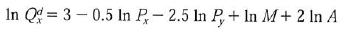Suppose the demand function for a firm's product is given by Where a. Determine the own price elasticity of demand, and state whether demand is elastic, inelastic, or unitary elastic. b. Determine the cross-price elasticity of demand between good X and good Y, and state whether these two goods are substitutes or complements. c. Determine the income elasticity of demand, and state whether good X is a normal or inferior good. d. Determine the own advertising elasticity of demand.