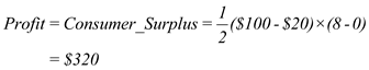 (a)The given graph shows the monopoly market situation as the demand curve is a downward sloping curve. For the purpose of determining the equilibrium level of output, the profit-maximizing condition of the monopoly firm is given by:   From the graph, this implies that the monopoly level of equilibrium output level is 4 Under the condition of profit-maximization, the equilibrium monopoly price follows from the demand curve at the equilibrium monopoly quantity. From the graph, this implies that the monopoly level of equilibrium price is $60 Hence, the monopoly profit is given by:   Thus, the firm's optimal price is $60 per unit, optimal output is 4 units and the resulting profit is $160 (b)The case is of first-degree price discrimination in which the firm charges the maximum price that the consumer is willing to pay for each unit of the good purchased such that all consumer surpluses is extracted and the firm earns the highest possible profits. From the graph, it is evident that the firm would charge $90 for the 1 st unit, $80 for the 2 nd unit, $70 for the 3 rd unit, $60 for the 4 th unit, $50 for the 5 th unit, $40 for the 6 th unit, $30 for the 7 th unit and $20 for the 8 th unit. Th firm would not sell beyond the 8 th unit as the marginal cost is greater than the price followed from the demand curve. That means, for n th unit, the firm shall charge a price followed from the demand curve. Hence, the profit earned by the firm under first-degree price discrimination is equal to the consumer surplus, which is given by:   Thus, the firm's optimal price is the maximum price that the firm could charge as followed from the demand curve, optimal output is 8 units and the resulting profit is $320 (c)Under the case of two-part pricing, the firm charges a fixed fee for the right to purchase its goods and a per-unit charge for each unit purchased. Like the firm practicing first-degree price discrimination, the firm under the two-part pricing extract all consumer surplus from consumers in the form of fixed fee and charge a per-unit price equal to the marginal cost. Hence, under the two-part pricing, the fixed fee charged by the firm is $320 and a per-unit price of $20. The optimal output sold by the firm under two-part pricing is 8 units. The profit earned by the firm under two-part pricing is given by:   Thus, the firm's optimal price is $320 as the fixed fee and $20 per unit, optimal output is 8 units and the resulting profit is $320 (d)Under the case of block pricing, the firm charges the amount equal to the total value that the consumer places on the given bundle of a good. From the graph, it is evident that the firm would sell 8 units as beyond the 8 th unit, the marginal cost exceeds the price that follows from the demand curve. The total value placed by the consumer for the bundle of 8 units of good is given by:   That means, the firm would charge a price of $480 for the bundle of 8 units of the good under block pricing. The profit earned by the firm under block pricing is given by:   Thus, the firm charges $480 for the bundle of 8 units of the good and makes a profit of $320 under block pricing.