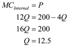 The industrial demand function is given by   . Firms in this industry are generating negative externality and therefore they face two types of cost: an external cost which is the cost of production and an internal cost which is the cost of the harm they create on society via externality. a)The cost of the externality created by the industry is not internalized by the firms. From society's perspective, firms need to incorporate this internal cost in their cost analysis. Hence the socially efficient level of output is the one that equilibrates market demand to the marginal cost to the society. Marginal cost to the society is the sum of both internal and external marginal cost, the industry is facing. Therefore, the social marginal cost is:   Compute the socially efficient level of output by equating   with marked demand   :   Thus the socially efficient level of output is 9.09 units. b)A competitive industry produces a level of output by equating its Internal Marginal Cost with the Price (more precisely,   ). This implies:   Hence a competitive industry produces 12.5 units. c)A monopolist ignores the societal damage it causes through its actions and produces a level of output at which its Internal Marginal Cost equals the Marginal Revenue. The latter is the first derivative of Total revenue:   Compute the quantity produced by the incumbent monopolist by equating Marginal cost   and Marginal Revenue:   Therefore, a monopolist produces 10 units of output. d)To encourage the monopoly to produce socially efficient level of output, government may force firms to internalize the costs of externality created by them. This can be done by targeted policies that shift the internal cost of production up to a point where it equals the social cost of production. To force such internalization, taxing the monopolist for the externality created, imposing restrictions on the amount of a negative externality generated, enforcing property rights are some of the policy measures that the government can initiate.