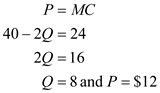 In case of a public good, same quantity of public good is provided to each consumer and they pay a price according to their demand schedule. In the case given, there are two workers and they have a same demand curve   . This implies that both the workers face the same price. The corresponding figure for this case is Figure A-1 below   Figure A-1 a)To determine the price and quantity of the public good, compute the combined demand of both workers:   The socially efficient level of public good occurs at a point where the marginal cost of producing it equals the total demand for it. Hence equilibrate total demand with the marginal cost:   Hence the socially efficient output level is 8 units. b)Workers as individual can pay $12 for 8 units of public good but the marginal cost of providing 8 units is $24. Hence individually they are not able to pay for it. But if each of them is willing to pay $12 jointly, they can together pay $24 and thus will be able to afford the socially efficient level of output. Hence each worker will have to pay $12 per unit to provide socially efficient quantity. c)If there is a third worker that values the public good like the other two contributing workers, then her individual demand for public good would be   . In that case the combined or total demand by three workers becomes:   As mentioned, the socially efficient level of public good occurs at a point where the marginal cost of producing it equals the total demand for it. Hence equilibrate total demand with the marginal cost:   Hence the socially efficient output level is 12 units Notice that when two workers contribute for the provision of public good, the socially efficient level of public good is 8 units while when there are three workers to value the public goods, the socially efficient output becomes 12 units. Hence the amount of public good provided by the two workers is not socially efficient given the three workers demand for public good.Consumer surplus is the area of the portion above the price line and below the demand curve. Individually, each of the two workers face a price line of $12 for 8 units of public good. Hence the consumer surplus of first two workers is:   Note that the third worker pays nothing but enjoys all 8 units of the public good. Hence he faces a price line of x-axis. Thus, her consumer surplus is:   Therefore, the first two workers enjoy a consumer surplus of $32 while the consumer that free rides , enjoys a consumer surplus of $128.