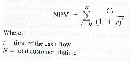 How much are you worth to a given company if you continue to purchase its brand for the rest of your life? Many marketers are grappling with that question, but it's not easy to determine how much a customer is worth to a company over his or her lifetime. Calculating customer lifetime value can be very complicated. Intuitively, however, it can be a fairly simple net present value calculation, which incorporates the concept of the time value of money. To determine a basic customer lifetime value, each stream of profit (C, the net cash flow after costs are subtracted) is discounted back to its present value (PV) and then summed. The basic equation for calculating net present value (NPV) is:      r = discount rate     = net cash flow (the profit) at time t (The initial cost of acquiring a customer would be a negative net cash flow at time 0.)  NPV can be calculated easily on most financial calculators or by using one of the calculators available on the Internet, such as the one found at www.investopedia.com/calculator/ NetPresentValue.aspx.  Describe ways marketers can increase the lifetime value of a customer. (AACSB: Communication; Reflective Thinking)