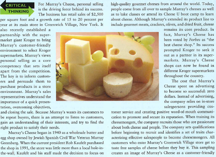   company. Customer relationships are so integral to Murray's that its cheesemongers taste the cheese with the customers. In this way, Murray's in-store sales force educates themselves about the cheeses they are selling and creates a valuable experience where the customer feels appreciated. By establishing this unique experience, Murray's often succeeds in getting customers to purchase more products at once and make repeat purchases. This positive customer environment is what Murray's Cheese hopes to bring to Kroger's. Those Kroger employees who sell Murray's cheeses undergo extensive training beforehand. Murray's even created a 300-page cheese service guide for these recruits. Kroger customers seem to appreciate the more attentive customer service they receive in these Murray branded shops. In a pilot program where three Murray's Cheese shops replaced Kroger cheese departments, sales increased SO to 100 percent. It was such a success that, under the new partnership, Murray's Cheese will open 50 Murray's shops in Kroger supermarkets within three years. Personal selling does not always have to be about traveling throughout sales territories, calling on prospects. Murray's in-store cheesemongers make and close sales doing what they do best: educating customers and sharing the gourmet cheese experience. With Kroger's success at promotion and Murray's strengths in personal selling, it looks to be a win-win situation for both partners. Murray's motivated cheeeemongers help to satisfy the needs of their customers and achieve personal goals. 1. How would you explain the sales presentation that is most effective for selling Murray's cheese products? 2. How would you apply the concept of relationship selling to building long-term customers at Murray's Cheese? 3. Do you think that Murray's Cheese salespeople need extensive motivation and training?<div style=padding-top: 35px> 