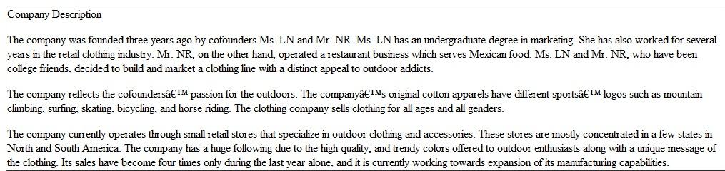The plan is for actual business - a clothing manufacturing company. A sample company description is as below.   