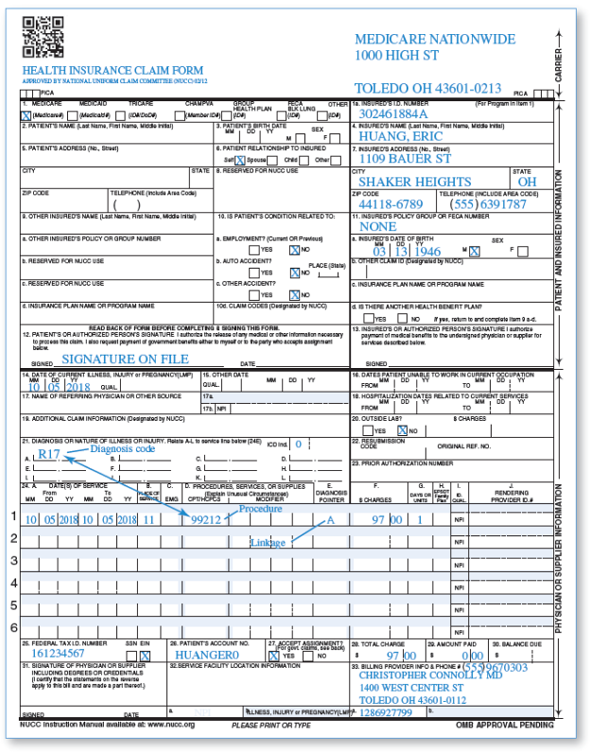 Research the meaning of the diagnosis code and the procedure code shown on the claim in Figure 6.1 and explain how they demonstrate linkage that establishes medical necessity for the payer. FIGURE 6.1 Example of a Correct Healthcare Claim Showing the Linkage Between the Diagnosis and the Billed Service