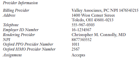 Calculating Insurance Math In order to complete the service line information on claims when units of measure are involved, insurance math is required. For example, this is the HCPCS description for an injection of the drug Eloxatin: J9263 oxaliplatain, 0.5 mg If the physician provided 50-mg infusion of the drug, instead of an injection, the service line is J9263 × 100 to report a unit of 50 (100 × 0.05 mg = 50). What is the unit reported for service line information if a 150-mg infusion is provided? Abstracting Insurance Information In the cases that follow, you play the role of a medical insurance specialist who is preparing HIPAA claims for transmission. Assume that you are working with the practice's PMP to enter the transactions. The information you enter is based on the patient information form and the encounter form. • Claim control numbers are created by adding the eight-digit date to the patient account number, as in PORCEJE0-01012016. • A copayment of $15 is collected from each Oxford PPO patient at the time of the visit. A copayment of $10 is collected for Oxford HMO. Note: For these case studies, do not subtract the copayment from the charges; the payer's allowed fees have already been reduced by the amount of the copayment. • The practice uses NDC as its clearinghouse to transmit claims. • The necessary data for the payer and the clearinghouse are stored in the program's databases.