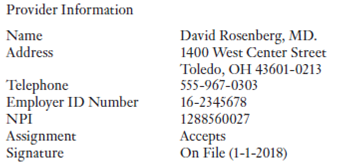 Completing Correct Claims The objective of these exercises is to correctly complete private payer claims, applying what you have learned in the chapter. Following the information about the provider for the cases are two sections. The first section contains information about the patient, the insurance coverage, and the current medical condition. The second section is an encounter form for Valley Associates, PC. Data from the first section, the patient information form, have already been entered in the program for you. You must enter information from the second section, the encounter form, to complete the claim. If you are instructed to use the Medisoft simulation in Connect, follow the steps at the book's website, www.mhhe.com/medisoft to complete the cases at http://connect.mheducation.com on your own once you have watched the demonstration and tried the steps with prompts in practice mode. If you are gaining experience by completing a paper CMS-1500 claim form, use the blank claim form supplied to you from the back of the book and follow the instructions on pages 249-250 to fill in the form by hand. Alternatively, your instructor may assign the CMS-1500 exercises through Connect, where you can complete the form electronically and submit it to your instructor as part of an assignment. The following provider information, which is also preloaded in the Medisoft database, should be used for Cases 8.4A and 8.4B on pages 313 and 314, respectively.    Also note the following fee schedule information, which applies to all claim-completion exercises in this and subsequent chapters. Price Code A: Standard fees, used for all payers except Medicare and Medicaid Price Code B: Reduced fees, used for Medicare (Medicare Nationwide and Medicare HMO) and Medicaid payers The amounts shown on the encounter forms in the claim-completion cases are based on Price Codes A and B. Assume that all patient copayments are made at the time of the office visit. A. Based on the following patient and encounter information, complete a claim for the patient.    B. Based on the following patient and encounter information, complete a claim for the patient.  