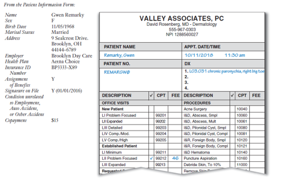 Completing Correct Claims The objective of these exercises is to correctly complete private payer claims, applying what you have learned in the chapter. Following the information about the provider for the cases are two sections. The first section contains information about the patient, the insurance coverage, and the current medical condition. The second section is an encounter form for Valley Associates, PC. Data from the first section, the patient information form, have already been entered in the program for you. You must enter information from the second section, the encounter form, to complete the claim. If you are instructed to use the Medisoft simulation in Connect, follow the steps at the book's website, www.mhhe.com/medisoft to complete the cases at http://connect.mheducation.com on your own once you have watched the demonstration and tried the steps with prompts in practice mode. If you are gaining experience by completing a paper CMS-1500 claim form, use the blank claim form supplied to you from the back of the book and follow the instructions on pages 249-250 to fill in the form by hand. Alternatively, your instructor may assign the CMS-1500 exercises through Connect, where you can complete the form electronically and submit it to your instructor as part of an assignment. The following provider information, which is also preloaded in the Medisoft database, should be used for Cases 8.4A and 8.4B on pages 313 and 314, respectively. Also note the following fee schedule information, which applies to all claim-completion exercises in this and subsequent chapters. Price Code A: Standard fees, used for all payers except Medicare and Medicaid Price Code B: Reduced fees, used for Medicare (Medicare Nationwide and Medicare HMO) and Medicaid payers The amounts shown on the encounter forms in the claim-completion cases are based on Price Codes A and B. Assume that all patient copayments are made at the time of the office visit. A. Based on the following patient and encounter information, complete a claim for the patient. B. Based on the following patient and encounter information, complete a claim for the patient.