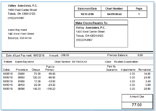 Examine the patient statement in Figure 14.3c. Research the meaning of procedure code 99396. Based on the ages it covers, what is Karen's age range? Is she a new patient of the practice? What percentage of the charges does her insurance pay? FIGURE 14.3c Patient Statement  <div style=padding-top: 35px> 