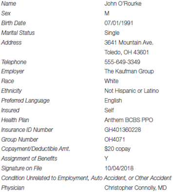 Patient: John O'Rourke From the Patient Information Form   Encounter Date: 10/04/2018 Diagnoses The patient presents with angina upon exertion; coronary atherosclerosis is diagnosed. Procedures Saw this new patient in the office; referred the patient for a treadmill test. Performed a comprehensive history and exam, with moderately complex decision making.<div style=padding-top: 35px> 