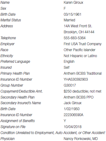 Patient: Karen Giroux From the Patient Information Form   Encounter Date: 10/04/2018 Diagnoses The patient presents for a routine annual physical. Procedures Saw this new patient in the office for her annual examination.<div style=padding-top: 35px> 