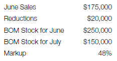 Calculate planned June purchases at cost, given the following information: