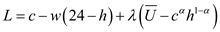In order to find the optimal consumption bundle an individual either can maximize his utility with given income or can minimize the expenditure to attain a particular level of utility. The utility function for an individual in terms of consumption and leisure is given below:   The expenditure need to be minimized given the utility level at   . a. Setting the Lagrange equation to minimize the expenditure given utility level at   as shown below:   The first order conditions of Lagrange equation can be computed as shown below:   Set first order conditions equal to zero and solve it to get the value of optimal consumption bundle as shown below:       Solving the first order differentials the value of c and h can be computed as shown below:           The expenditure function can be shown as given below:   b. The compensated demand function is the demand function for any commodity keeping the utility level at a particular constant level. The compensated demand function for leisure can be computed by using envelope theorem as shown below:     The compensated demand function for consumption can't be computed as price of consumption here is treated as numeriare. c. The compensated labor supply function can be calculated as shown below:   The derivative of compensated labor supply function with respect to w is shown below:   As   and w is positive integer the value of compensated supply function will rise with rise in w that is the curve will be positively sloped. d. The compensated labor supply curve is given below:   The uncompensated labor supply is given below:   The uncompensated demand curve is function of only   that is the share of utility of leisure. Whereas the compensated demand curve is the function of constant utility and wage rate too. The Slutsky equation breaks the change in demand for one good in response to a change in the price of other good. The slustky equation is given below:   In this case the income and substitution effect of real wages on uncompensated labor supply curve is offset by each other.     Income effect of wage rise is zero.   Substitution effect is also zero. So, rise in wages will not affect the uncompensated supply of labor.