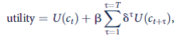 Hyperbolic discounting The notion that people might be ''shortsighted'' was formalized by David Laibson in ''Golden Eggs and Hyperbolic Discounting'' (Quarterly Journal of Economics, May 1997, pp. 443-77). In this paper the author hypothesizes that individuals maximize an intertemporal utility function of the form where . The particular time pattern of these discount factors leads to the possibility of shortsightedness. a. Laibson suggests hypothetical values of ? = 0.6 and ? = 0.99. Show that, for these values, the factors by which future consumption is discounted follow a general hyperbolic pattern. That is, show that the factors decrease significantly for period t + 1 and then follow a steady geometric rate of decrease for subsequent periods. b. Describe intuitively why this pattern of discount rates might lead to shortsighted behavior. c. More formally, calculate the MRS between c t + 1 and c t + 2 at time t. Compare this to the MRS between c t + 1 and c t + 2 at time t + 1. Explain why, with a constant real interest rate, this would imply ''dynamically inconsistent'' choices over time. Specifically, how would the relationship between optimal c t + 1 and c t + 2 differ from these two perspectives? d. Laibson explains that the pattern described in part (c) will lead ''early selves'' to find ways to constrain ''future selves'' and so achieve full utility maximization. Explain why such constraints are necessary. e. Describe a few of the ways in which people seek to constrain their future choices in the real world.
