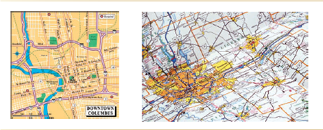 Suppose you are using the second map in Figure 1,which shows main highways only. You've reached a conclusion about the best way to drive from the Columbus city center to an area south of the city. State whether each of the following assumptions of the map would be a simplifying or critical assumption for your conclusion,and explain briefly. (Don't worry about whether the assumption is true or not.)a. The thicker numbered lines are major highways without traffic lights. b. The earth is two-dimensional. c. When two highways cross,you can get from one to the other without going through city traffic. d. Distances on the map are proportional to distances in the real world. Figure 1 Maps as Models
