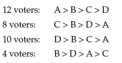 In a runoff election, if no candidate receives a majority of votes in the first round of voting, the top two candidates face each other in a second round. Let's say that people voting on Candidates A, B, C, and D in a runoff election have the following preferences.   a. Does anyone receive an outright majority in the first round? If so, which candidate? If not, which two candidates move on to the second round, and which of them wins? b. Suppose Candidate A drops out of the race. Does any candidate now receive an outright majority in the first round? If so, which candidate? If not, which two candidates move on to the second round, and which of them wins? c. Does this situation violate the independence of irrelevant alternatives?<div style=padding-top: 35px> 
