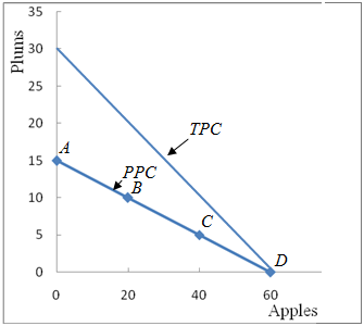 The production possibility curves for the two countries New Zealand and Spain are derived in the following diagrams by plotting the production possibility data for each of the two countries. Newzealand's production possibility curve Spain's production possibility curve In the above diagrams, PPC represents Production possibility curve for each country and TPC represents the trading possibilities curve for each country. (a) The cost ratio of producing plums and apples in New Zealand can be derived from any two production alternatives say A and B. Cost ratio = = = = The cost ratio of producing plums and apples in Spain can be derived from any two production alternatives say R and S. Cost ratio = = = = (b) The cost ratio of each country reveals the product in which it should specialize. Spain would specialize in plums; New Zealand would specialize in apples. (c) Trading possibilities line shows the amounts of the two products that a country can obtain by specializing in one product and trading for the other. The trading possibilities line for the two countries New Zealand and Spain is shown in the above diagram. Since New Zealand specializes in apples, New Zealand will produce 60 apples and since the terms of trade are 1 plum for 2 apples, New Zealand will receive 30 plums. Similarly Spain produces 60 plums but trade gives the country 120 apples. (d) If the optimum production alternative is B in New Zealand and S in Spain, then The total production of apples = = Total production of plums = = After specialization and trade, the total production of apples = Total production of plums = Gains from specialization and trade = 60 - 40 apples and 60 - 50 plums =