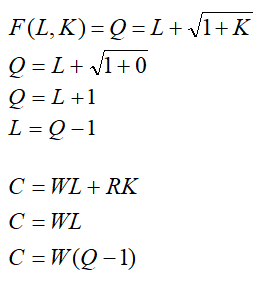 The firm ABC's production function is given as:   Where, L is worker hours per month and K is square feet of manufacturing space. The Marginal Rate of Technical Substitution for firm ABC can be found out by the partial differentiation of it's production function.   (a)The firm ABC's hourly wage rate W is $50 and manufacturing space costs R is $25 per square foot per month. To find the least cost combination of inputs to produce 100 units we need to determine the relation between the input quantities L and K. We know that the marginal rate of technical substitution MRTS LK is same as the ratio of W and R.   The above expression shows that the intersecting point between the two curves, that is the isoquant Q and isocost C, is at the axis where K = 0 and the value of L is 99. (b)For the output expansion path, let us consider the values of Q as 10, 20, 30 and 40 for simplicity of the graph scope.   We can observe from the above graph that the least cost combination occurs when the isoquant touches the Labor axis K = 0. And hence, the output expansion path is also along the Labor axis. (c)The Cost Function can be derived from the above found value of K = 0 (Tangency Condition).   Hence, the cost function is  