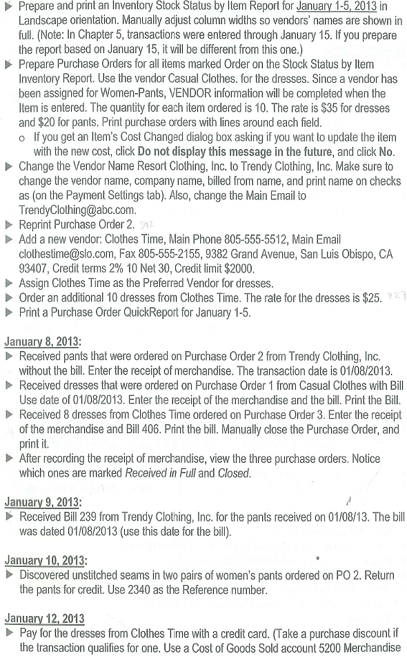 Chapter 6 continues with the transactions for purchase orders, merchandise receipts, bills, bill payments, and sales tax payments. Your partner, Karen Olsen, prints the checks, purchase orders, and any related reports; and you sign the checks. This procedure establishes cash control procedures and lets both owners know about the checks being processed.           