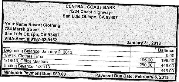 YOUR NAME RESORT CLOTHING  Chapter 7 continues with the end-of-period adjustments, bank and credit card reconciliations, archive disks, and closing the period for Your Name Resort Clothing. The company does use a certified public accountant for guidance and assistance with appropriate accounting procedures. The CPA has provided information for Karen to use for adjusting entries, etc. INSTRUCTIONS  Continue to use the copy of Your Name Resort Clothing you used in the previous chapters. Open the company-the file used is Clothing.qbw. Record the adjustments and other transactions as you were instructed in the chapter. Always read the transaction carefully and review the Chart of Accounts when selecting transaction accounts. Print the reports and journals as indicated and resize columns for a full display of information. RECORD TRANSACTIONS  January 31, 2013 -Enter the following:  Change the names and/or the account numbers of the following accounts.  6260 - Printing and Reproduction to 6260 Printing and Duplication   6350 - Travel Ent to 6350 - Travel Expenses   3010 - Your Name Olsen, Capital to 3100 - Your Last Name Olsen, Capital   Remember to use your actual last name.  Add the following accounts:  Equity account 3110 - First and Last Name, Capital (subaccount of 3100)   Remember to use both your real first and last name.  Equity account 3120 - Karen Olsen, Capital (subaccount of 3100)   Change the following accounts:  3011 - Your Name, Investment to 3111 - First and Last Name, Investment (subaccount of 31 10 )  Remember to use both your real first and last name.  3013 - Your Name, Drawing to 3112 - First and Last Name, Drawing (subaccount of 3110)   Remember to use both your real first and last name.  3012 - Karen Olsen, Investment to 3121 - Karen Olsen, Investment (subaccount of 3120)   3014 - Karen Olsen, Drawing to 3122 Karen Olsen, - Drawing (subaccount of 3120)   6422 - Office to 6422 - Office Supplies (subaccount of 6420 - Supplies Expense)  Make the following accounts inactive:  6291 - Building Repairs   6351 - Entertainment   Delete the following accounts:  6182 - Disability Insurance   6213-Mortgage   6823 - Property   Print an Account Listing in Landscape orientation  Do not show inactive accounts (If necessary, click Include inactive to remove the check mark)  Click the Reports button at the bottom of the Chart of Accounts, and click Account Listing to display the report  Resize the columns to display the Account Names in full and to hide the columns for Description, Accnt. #, and Tax Line  Change the Header/Footer so the report date is January 31, 2013  Print the report  Create a Fixed Asset Item List for:  Asset Name/Number. Office Equipment, Item is: New, Purchase and Asset Description: Office Equipment, Date: 12/31/12, Cost: $8,000, Asset Account: 1510   Asset Name/Number: Store Fixtures, Item is: New, Purchase and Asset Description: Store Fixtures, Date: 12/31/12, Cost: $9,500, Asset Account: 1520   Enter adjusting entries in the Journal and use the memo Adjusting Entry for the following:  Office Supplies Used, the amount used is $35  Sales Supplies Used, account balance (on hand) at the end of the month is $1,400  Record a compound entry for depreciation for the month: Office Equipment, $66.67 and Store Fixtures, $79.17  The amount of insurance remaining in the Prepaid Insurance account is for six months of liability insurance. Record the liability insurance expense for the month  Each owner withdrew $500. (Memo: January Withdrawal) Print Check Nos. 7 and 8 for the owners' withdrawals.  Prepare Bank Reconciliation and Enter Adjustments for the Reconciliation: (Refer to the chapter for appropriate Memo notations)      Print a Detailed Reconciliation Report in Portrait. Adjust column widths so the report fits on one page  Reconcile the Visa account using the statement on the following page      Print a Detailed Reconciliation Report in Portrait. Pay Central Coast Bank for the Visa bill using Check No. 9. Print Check No. 9  After completing the Visa reconciliation, distribute capital to each owner: divide the balance of 3100 - Your Last Name Olsen, Capital - Other equally between the two partners. (View a Standard Balance Sheet to see the balance of the Capital - Other account.) Record an entry to transfer each owner's portion of the Capital Other to the individual capital accounts. (Memo: Transfer Capital to Partners) Remember, this is not an adjusting entry  Divide in half and transfer Net Income/Retained Earnings into owners' individual Capital accounts. Remember, this is an adjusting entry  Close Drawing accounts into owner's individual Capital accounts  Prepare an archive copy of the company file  Close the period as of January 31, 2013 (Do not assign passwords)  After closing the period on 01/31/13, discovered an error in the amount of Office Supplies and Sales Supplies: Transfer $40 from Office Supplies to Sales Supplies  After closing the period on 01/31/13, found one damaged tie. Adjust the quantity of ties on 01/31/13 using the Expense account 6190 Merchandise Adjustments  Change the net income/retained earnings adjustment to reflect the merchandise adjustment for the ties  Backup the company and redo the archive copy of the company file as well  Print the Journal for January, 2013 (Landscape orientation, Fit to one page wide)  Print the following reports:  Trial Balance, January 1-31, 2013  Profit and Loss Statement, January 31, 2013  Balance Sheet, January 31, 2013 NAME_________________ TRANSMITTAL CHAPTER 7: YOUR NAME RESORT CLOTHING  Attach the following documents and reports: Account Listing Check No. 7: Your First and Last Name Check No. 8: Karen Olsen Bank Reconciliation Detail Report, January 31, 2013 Visa Reconciliation Detail Report, January 31, 2013 Check No. 9: Central Coast Bank Journal, January 1-31, 2013 Trial Balance, January 31, 2013 Profit and Loss, January, 2013 Balance Sheet, January 31, 2013