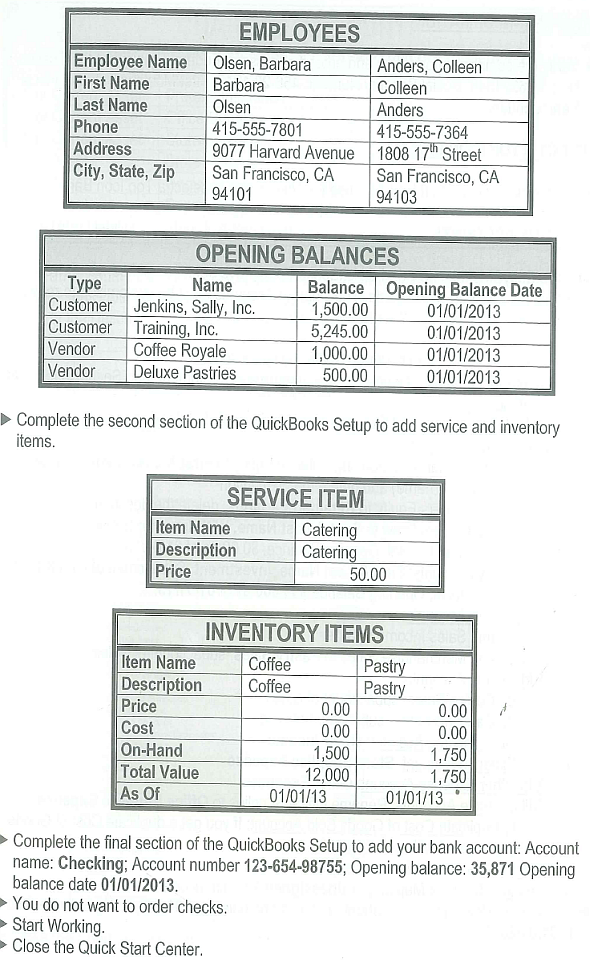 Your Name's Coffee Corner is a fictitious company that sells coffee and pastries. You also provide catering service for meetings and lunches. The company is located in San Francisco, California, and is a sole proprietorship owned by you. You are involved in all aspects of the business. There is one full-time employee, Barbara Olsen, who is paid a salary. She manages the store, is responsible for the all the employees, and keeps the books. There is one full-time hourly employee, Colleen Anders, who works in the shop and provides the catering service                                   