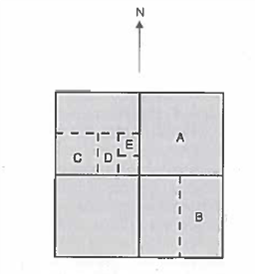 Describe the parcels labeled A, B, C, D, and E in the section shown below.   