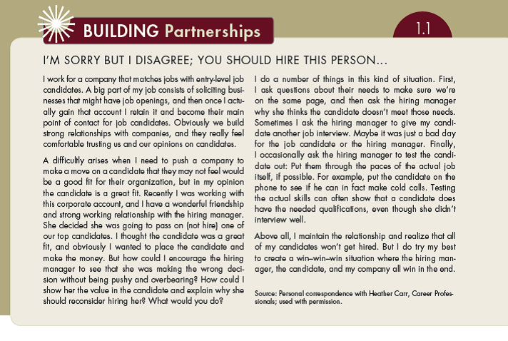 In Building Partnerships 1.1 you read about how Ms. Carr politely disagrees with her customer if she thinks the customer is making a decision that is not in the customer's best interests. a. What could be some positive outcomes of such salesperson behavior? b. What could be some negative outcomes of such salesperson behavior? (In Reference Partnerships 1.1)   