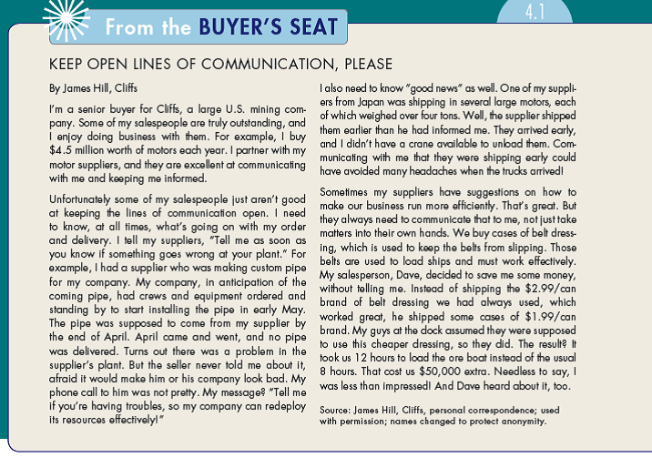 In From the Buyer's Seat 4.1 you learned about a seller who substituted a cheaper belt dressing for the belt dressing the buyer usually bought. In what ways could the seller have improved communication?