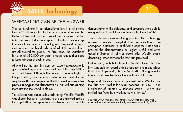 In Sales Technology 7.1 you learned how one firm uses WebEx to give presentations. Can you think of any negative aspects of using such technology for giving sales presentations to prospects? (In Reference Sales Technology 7.1)