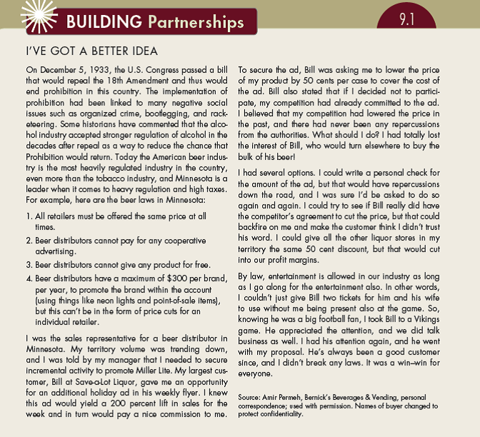In Building Partnerships 9.1 you read how the salesperson used entertainment to help generate interest and secure business.  a. Tell how you would have handled the described situation. b. What are some possible ramifications of handling the situation as the seller did? (In Reference Building Partnerships 9.1)   