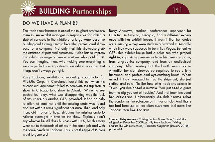 Review both Building Partnerships 14.1 and From the Buyer's Seat 14.1. What is the common thread? How can you, as a salesperson, gain a competitive advantage in the marketplace from these stories? What would these themes mean for you as a student or as a professional in a nonselling field? (In Building Partnerships 14.1)     (In Reference Buyer's Seat 14.1)   