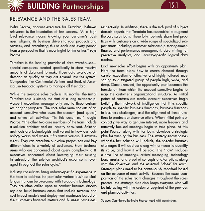 Look over Building Partnerships 15.1. How does the concept of relevance apply to understanding where an account is on the sales call allocation grid? (In Reference Building Partnerships 15.1)   