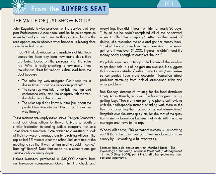 One sales manager said, Sales is a numbers game. To make more sales, make more sales calls. Should sales managers encourage salespeople to continually increase the number of calls made each week? Explain your answer. Reread From the Buyer's Seat 15.1. How does this essay relate to your answer?. (In Reference Buyer's Seat 15.1)   