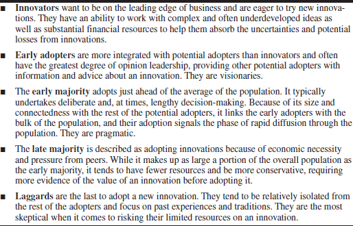 HDTV is an emerging consumer electronic technology. Discuss the marketing challenges associated with HDTV (e.g., building an ecosystem of content, players, and content distribution). How do you see this influenced by (a) competing with DVD (the last technology generation) and (b) emerging substitutes like online digital content, PCs, and mobile devices? Use the categories of Table 9.9 to describe where the market response to HDTV has been to date and how long adoption has taken for each group. TABLE 9.9 Five categories of adopters of an innovation.