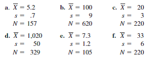 For each set of sample outcomes below, construct the 95% confidence interval for estimating ?, the population mean.