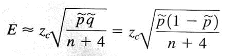 Expand Your Knowledge: Plus Four Confidence Interval for a Single Proportion One of the technical difficulties that arises in the computation of confidence intervals for a single proportion is that the exact formula for the maximal margin of error requires knowledge of the population proportionof success p. Since p is usually not known, we use the sample estimate = r/n in place of p. As discussed in the article How Much Confidence Should You Have in Binomial Confidence Intervals appearing in issue no. 45 of the magazine STATS (a publication of the American Statistical Association), use of as an estimate for p means that the actual confidence level for the intervals may in fact be smaller than the specified level c. This problem arises even when n is large, especially if p is not near 1/2. A simple adjustment to the formula for the confidence intervals is the plus four estimate, first suggested by Edwin Bidwell Wilson in 1927. It is also called the Agresti-Coull confidence interval. This adjustment works best for 95% confidence intervals. The plus four adjustment has us add two successes and two failures to the sample data. This means that r , the number of successes, is increased by 2, and n, the sample size is increased by 4. We use the symbol , read P tilde, for the resulting sample estimate of p. So, = (r + 2)/( n + 4) PROCEDURE HOW TO COMPUTE A PLUS FOUR CONFIDENCE INTERVAL FOR p Requirements Consider a binomial experiment with n trials, where p represents the population probability of success and q = 1 - p represents the population probability of failure. Let r be a random variable that represents the number of successes out of the n binomial trials. The plus four point estimates for p and q are The number of trials n should be at least 10. Approximate confidence interval for p - E p + E Where c = confidence level (0 c 1) z c = critical value for confidence level c based on the standard normal distribution (a) Consider a random sample of 50 trials with 20 successes. Compute a 95% confidence interval for p using the plus four method. (b) Compute a traditional 95% confidence interval for p using a random sample of 50 trials with 20 successes. (c) Compare the lengths of the intervals obtained using the two methods. Is the point estimate closer to 1/2 when using the plus four method Is the margin of error smaller when using the plus four method Consider the following random sample of size 20 12 15 21 2 6 3 15 51 22 18 37 12 25 19 33 15 14 17 12 27 A stem-and-leaf display shows that the data are skewed with one outlier. We can use Minitab to model the bootstrap method for constructing confidence intervals for . (The Professional edition of Minitab is required because of spreadsheet size and other limitations of the Student edition.) This demonstration uses only 1000 samples. Bootstrap uses many thousands. Step 1 : Create 1000 new samples, each of size 20, by sampling with replacement from the original data. To do this in Minitab, we enter the original 20 data values in column Cl. Then, in column C2, we place equal probabilities of 0.05 beside each of the original data values. Use the menu choices Calc Random Data Discrete. In the dialogue box, fill in 1000 as the number of rows, store the data in columns C11-C30, and use column C1 for values and column C2 for probabilities. Step 2 : Find the sample mean of each of the 1000 samples. To do this in Minitab, use the menu choices Calc Row Statistics. In the dialogue box, select mean. Use columns C11-C30 as the input variables and store the results in column C31. Step3 : Order the 1000 means from smallest to largest. In Minitab, use the menu choices Manip Sort. In the dialogue box, indicate C31 as the column to be sorted. Store the results in column C32. Sort by values in column C3I. Step 4 : Create a 95% confidence interval by finding the boundaries for the middle 95% of the data. In other words, you need to find the values of the 2.5 percentile ( p 2.5 ) and the 97.5 percentile ( P 97. 5 ). Since there are 1000 data values, the 2.5 percentile is the data value in position 25, while the 97.5 percentile is the data value in position 975. The confidence interval is ( p 2.5 ) P 97. 5. Demonstration Results Figure 8-9 shows a histogram of the 1000 values from one bootstrap simulation. Three bootstrap simulations produced the following 95% confidence intervals. 13.90 to 23.90 14.00 to 24.15 14.05 to 23.8 Using the t distribution on the sample data. Minitab produced the interval 13.33 to 24.27. The results of the bootstrap simulations and the t distribution method are quite close.
