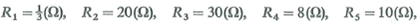 Find the current and the heat dissipated in each of the five resistors in the network shown in Fig. 4-5 if     and if the source is an ideal d-c voltage generator of 0.7 (V) with its positive polarity at terminal 1. What is the total resistance seen by the source at terminal pair 1-2  FIGURE 4-5 A network problem (Problem P.4-5).