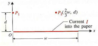 A current I flows lengthwise in a very long, thin conducting sheet of width w, as shown in Figure. a) Assuming that the current flows into the paper, determine the magnetic flux density B 1 at point P 1 (0, d). b) Use the result in part (a) to find the magnetic flux density B 2 at point P 2 (2 w /3, d ). Figure: A thin conducting sheet carrying a current I