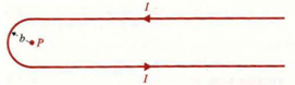 A long wire carrying a current I folds back with a semicircular bend of radius b as in Figure. Determine the magnetic flux density at the center point P of the bend. Figure: A very long wire with a semicircular bend