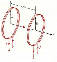 Two identical coaxial coils, each of N turns and radius b, are separated by a distanced, as depicted in Fig. 6- 39. A current I flows in each coil in the same direction. a) Find the magnetic flux density B = a x B x at a point midway between the coils. b) Show that dB x / dx vanishes at the midpoint. c) Find the relation between b and d such that d 2 B x / dx 2 also vanishes at the midpoint. Such a pair of coils are used to obtain an approximately uniform magnetic field in the midpoint region. They are known as Helmholtz coils. Figure: Helmholtz coils