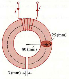 A toroidal iron core of relative permeability 3000 has a mean radius R = 80 (mm) and a circular cross section with radius b = 25 (mm). An air gap l g = 3 (mm) exists, and a current I flows in a 500-turn winding to produce a magnetic flux of 10 - 5 (Wb). (See Figure.) Neglecting flux leakage and using mean path length, find a) the reluctances of the air gap and of the iron core, b) B g and H g in the air gap, and B c and H c in the iron core, c) the required current I. Figure: A toroidal iron core with air gap   