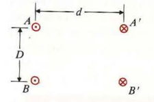 Calculate the mutual inductance per unit length between two parallel two-wire transmission lines A - A' and B - B' separated by a distanceD, as shown in Figure. Assume the wire radius to be much smaller than D and the wire spacing d. Figure: Coupled two-wire transmission lines