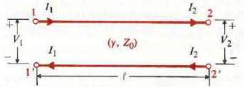 Consider a section of a uniform transmission line of length , characteristic impedance Z 0 , and propagation constant between terminal pairs 1- 1' and 2- 2' shown in Fig. 9- 44(a). Let ( V 1 , I 1 ) and ( V2 , I2) be-the phasor voltages and phasor currents at terminals 1-1' and 2- 2', respectively. (a) Use Eqs. a and b to write the equations relating Let ( V 1 , I 1 ) and ( V2 , I2) in the form Equation (a): Determine A, B, C, and D, and note the following relations: Equaion(b): A= D Figure: Figure (a): A line section of length . Figure (b) : An equivalent two-port symmetrical T-network. And Equation (C): AD - BC =1. b) Because of Eqs. a, b, and c, the line section in Fig (a) can be replaced by an equivalent two-port symmetrical T-network shown m Fig(b). Prove that and
