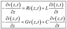 Arbitrary time dependence transmission line equations are the set of first order partial differential equations. Consider the transmission line equations for arbitrary time dependence. Where, R is the resistance per unit length, L is the inductance per unit length, G is the conductance per unit length, C is the capacitance per unit length, denotes instantaneous voltages at z , denotes instantaneous currents at z. Consider the transmission line equations for the time-harmonic time dependence. Where, , are functions of the space coordinate z. Thus, the transmission line equations for arbitrary time dependence are and the transmission line equation for time harmonic time dependence are .