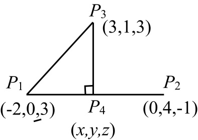(a) Consider the points as . Write the expression for the vector, . Write the expression for the vector, . Calculate the vector, . Calculate the magnitude of the vector, . Therefore, the length of the line joining , is . (b) Consider a point as shown in Figure 1 and draw a perpendicular from this point to line which meets at point . Figure 1 The perpendicular distance from the point to the line is , which equals . Therefore, …… (1) Write the expression for the vector, . Calculate the vector, . Substitute the known values in equation (1). Therefore, the perpendicular distance from to the line, is .