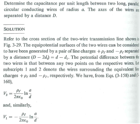 Where is the zero-potential surface of the two-wire transmission line in Fig 3-29 Example Figure Cross section of two-wire transmission line and equivalent line charges (Example 3-25)