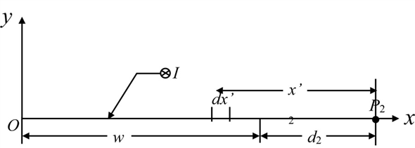Write the expression for magnetic flux density at a point located at a distance from the wire in the bisecting plane: When Consider that a small element of conducting wire along x -axis leads to corresponding change in the magnetic flux density , as shown in Figure 1. Figure 1 The vector form of the magnetic field due to small element of conducting wire is: If we align the conductor along the z-axis, the magnetic flux density will be directed in negative direction. Thus, …… (1) Integrate equation (1) with limits from to on both sides, Therefore magnetic flux density at point is .