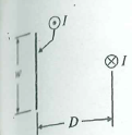 The cross section of a long thin metal strip and a parallel wire is shown in Fig. 5-30. Equal and opposite currents I flow in the conductors. Find the force per unit length on the conductors. Fig. Cross section of parallel strip and wire conductor (Problem P.5-19)
